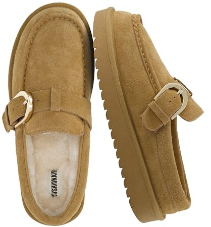 CUSHIONAIRE Origin Genuine Suede Mule Clogs for Women, Cozy Slip-On Moc Toe Loafer with Buckle and Faux Fur Cushioned Footbed, Chestnut 7.5