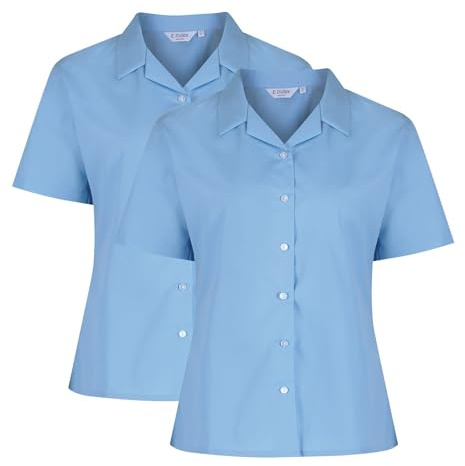 Trutex Girls Blue School Shirts, Multipack – Short Sleeve Standard Fit Revere Collar Cotton-Rich Non Iron School Blouses for Girls – Age 13 (2 Pack)