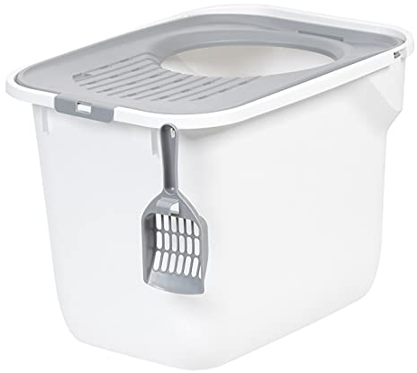 IRIS USA Cat Litter Box Large Top Entry with Lid, Enclosed Litter Box with Litter Catching Lid & Scoop, Covered Cat Litter Box Enclosure for Privacy, High Sided, White/Gray