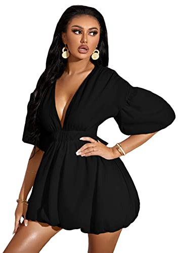 WDIRARA Women's Deep V Neck Puff Sleeve High Rise Flare Dress Elastic Waist Dress Black Medium