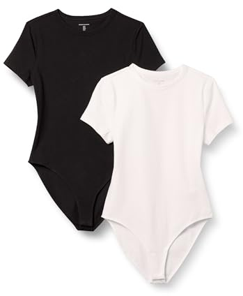 Amazon Essentials Body a Maniche Corte Aderente in Cotone Elasticizzato Donna, Pacco da 2, Bianco/Nero, L