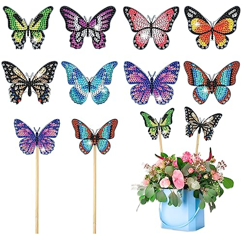 SHANFAA 8PCS Schmetterling Diamond Painting Kit für Garten Dekor, Stakes Diamant Kunst, Ornaments und Zubehör