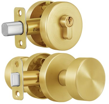 naubea Goldfarbener Türknauf mit Riegelschloss, satiniertes Messing, Vordertürgriff mit Riegelschloss, runder Riegel und Außentürknauf mit Schlüssel