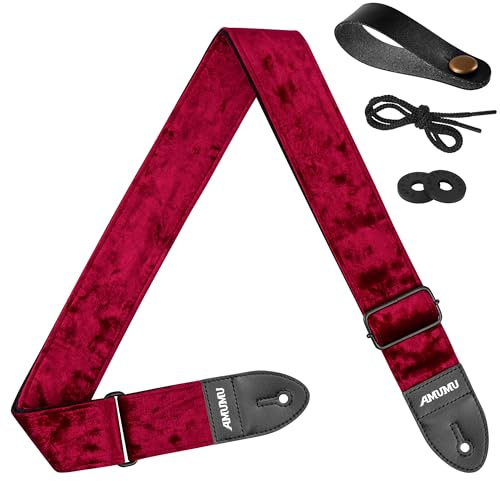 Amumu gitarrrem i krossad sammet – gitarrtillbehör – basrem, elgitarrrem, akustisk gitarrrem, Flamma röd, 37.5“- 64“