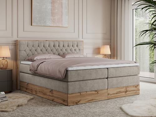 MKS MEBLE King Boxspringbett 200x200 mit Bettkasten und Kopfteil, Bonell Polsterbett mit Matratze H4 und Topper T25, Bett mit Holzrahmen in Wotan Eiche - Beige Struktur - Amore King