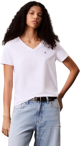 Calvin Klein Women’s Short Sleeve V-Neck Archive Jersey T-Shirt, White (Brilliant White), L