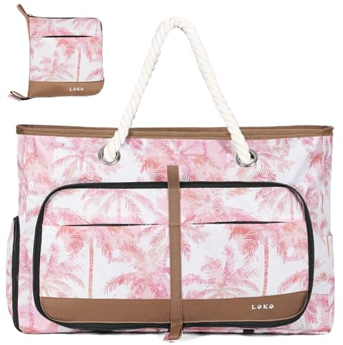Lekespring XXL Grand Sac de Plage Femme avec Compartiment Chaussures Séparé, 35 Litres - Cabas Plage Pliable Imperméable, Idéal pour la Plage, les Voyages et un Usage Quotidien -Feuille tropicale