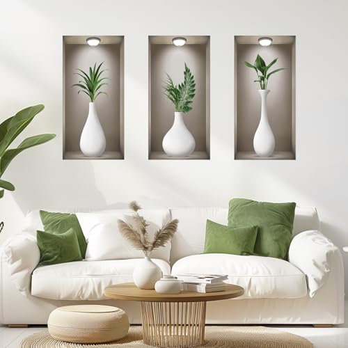 TOARTi 3D White vase Wall Decal, Greenery Plant Wall Sticker 3D Removable Window View Scenery Wall Decals Creative Vase Wall Murals for Living Room Bedroom Kitchen Sofa Background Set of 3 8”X16”