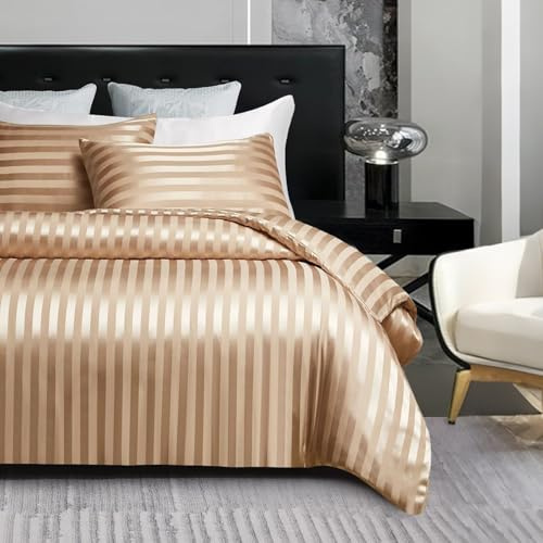 Gezu Copripiumino 220x240cm Raso Dorato Beige Brillante Deluxe Raso Rigato Set Biancheria da Letto 220x240 Morbido Setoso Seta Biancheria da Letto 2 Persone Adulto con Cerniera Lampo e 2 Federe
