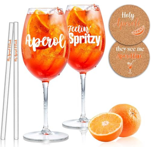 2er Set Aperol Geschenkset - Aperol Spritz Gläser mit Gravur | Glasstrohhalme | Korkuntersetzer, Cocktail Gläser, Tolles Geschenk
