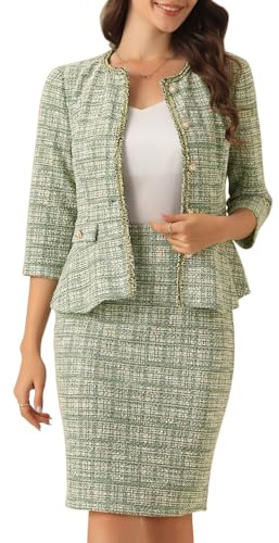 Allegra K Costume d'affaires pour Femme Ensemble 2 Pcs en Tweed Veste Boutonné à Manches 3/4 avec Jupe Crayon Élégante