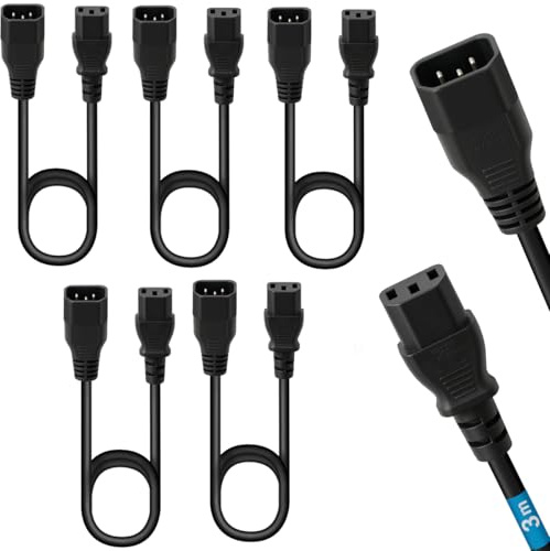 Lot de 5 câbles Rallonges Alimentation électrique 3,00m IEC C13 à C14, pour PC, Ordinateur, Ecran, Onduleur, Imprimante, vidéo projecteur et appareils ménagers