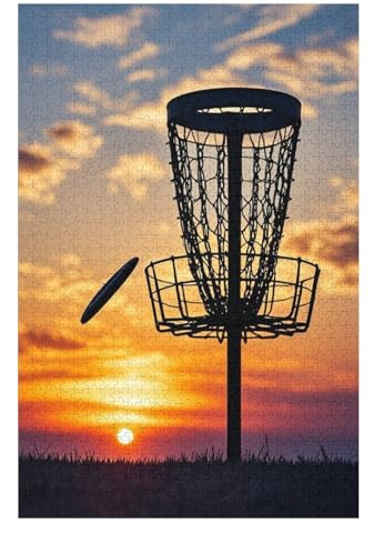 Letters On Back Disc Golf Basket Against Sunset Wooden Jigsaw Puzzle 500 Pieces – Sunset Sports Puzzle for Adults Featuring Scenic Course