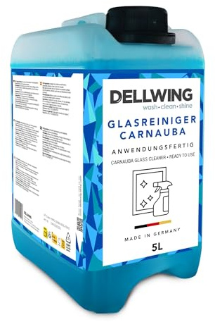 Dellwing Detergente per vetri Carnauba 5 l, detergente per superfici vetrate pronto all’uso con sigillante, ideale per vetri, specchi e piastrelle, detergente per finestre, Made in Germany