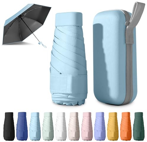 BEKKLPOU paraguas plegable, paraguas para el sol, mini paraguas, Adecuado para días soleados y lluviosos, Con caja de almacenamiento múltiples colores para elegir (Azul cielo claro)