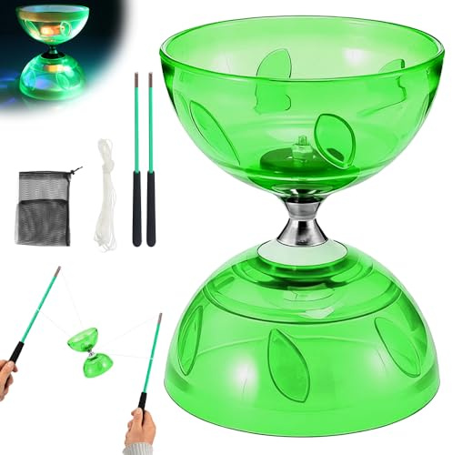 Diabolo Professionale a 3 Cuscinetti, Diabolo luminoso al buio, Diabolo giocattolo con Luce, Palo professionale, corda di ricambio da 10 m e sacca porta-rete per, adulti, principianti (Verde)