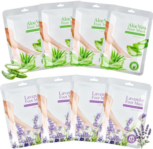 Pack med 8 fotmaskstrumpor, fotskrubbmask, fuktgivande fotmask, mjukar torra och spruckna klackar, grova fötter och förbättrar knäckningar (4 x lavendel & 4 x aloe vera)