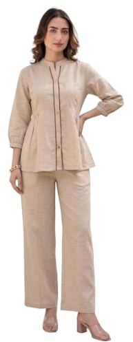 TAGDO Co Ord 2062 elegant damset i linne med mandarinkrage och knappar med rak passform och rak passform, chiku, M