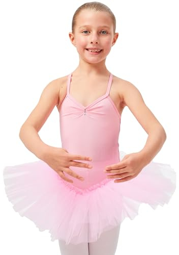 tanzmuster Ballettkleid Mädchen Tutu - Kim - weicher Baumwollstoff - Glitzersteine - Ballett Trikot mit Tüllrock für Kinder - rosa, 116/122