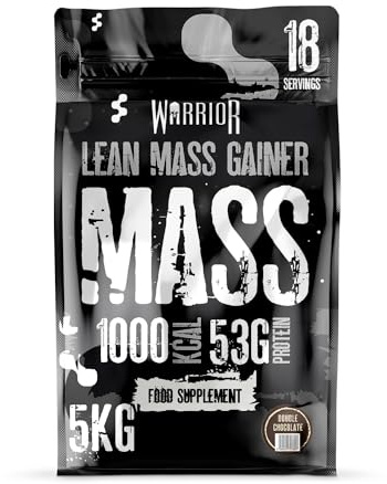 Warrior Mass Gainer Protein Powder 5kg, 18 Servings – 1000 kcal High Calorie Weight Gainer with Whey & Casein – 61g Protein Shake Plus Glutamine – Muscle Growth Supplements – Double Chocolate