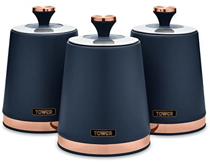 Tower T826131MNB Cavaletto Set of 3 Storage Canisters for Tea/Coffee/Sugar, Steel, Midnight Blue and Rose Gold