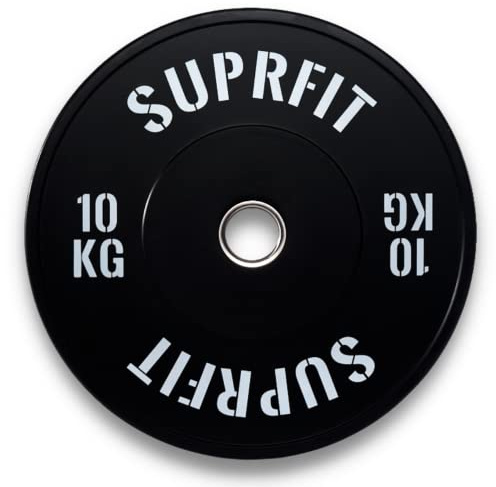 Suprfit Econ Stötdämpare platta vit logotyp, stötdämpande hantelskiva av massivt gummi, viktskiva 10 kg, IWF-standard 50,4 mm rostfritt stål, diameter 450 mm, svart ..