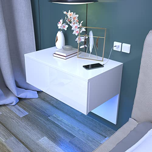 Dripex Floating Bedside Table with RGB LED Lights Wall Mounted Bedside Cabinet with Drawer High Gloss Front Cream White Bedside Drawer For Bedroom, Hotel