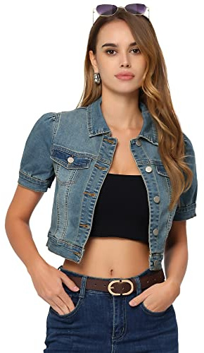 Allegra K Women's Short Sleeve Cropped Denim Jacket | Button Down, Y2K Puff Sleeve, Short Length, Turndown Collar, Flap Design, Casual Western Jean Jackets