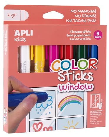 APLI Kids 19363 Color Sticks Window, Feste Temperafarben zum Bemalen von Glas, 6 Stück à 6 g in verschiedenen Farben: Weiß, Gelb, Rosa, Rot, Grün und Blau
