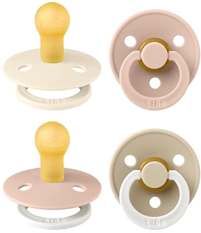 BIBS Dummies Colour 4-Pack, BPA Free Dummy Pacifier, Round Nipple Soothers, Natural Rubber Latex, Made in Denmark. 0-6 Months (Pack of 4), Blush Glow Mix