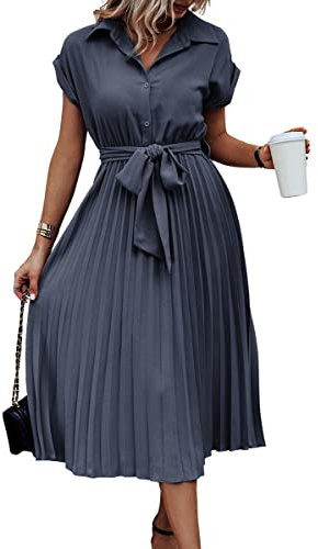 ASOMI Sommerkleid Damen Hemdkleid Kurzarm: Elegant Kurzarm Strandkleid Büro Wickelkleid Mode Tasche Hemdblusenkleid Lässig Blusenkleid Midikleid Knopf Plisseekleid V-Ausschnitt Gürtel B-Graublau L