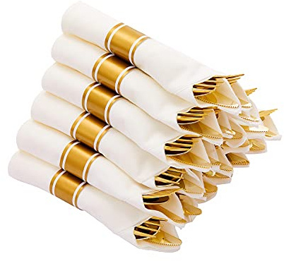 N9R 75 Pack Pre Rolled Gold Plastic Cutlery Set, Wrapped Plastic Silverware Set with 75 Forks, 75 Knives, 75 Spoons and 75 Napkins, Disposable Cutlery Set for Party and Wedding