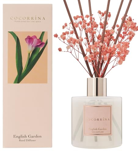 COCORRÍNA Raumduft Reed Diffuser mit 8 Duftstäbchen 200ml- Englischer Garten, Natürlich, Langanhaltend, Home Duft ätherisches Öl Reed Diffusor für Badezimmer Regal Dekoration
