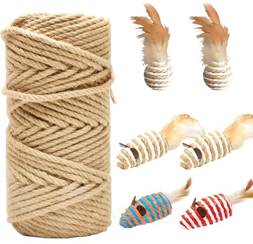Corde en Sisal Naturelle-6mm x 50m-6 Jouets en Sisal avec Sons Inclus, Corde Chanvre pour Arbre à Chat, Ficelle Jute de Griffoir Chats Scratch Pilier, Décoration de Maisons/Jardinage/Pot de Fleurs