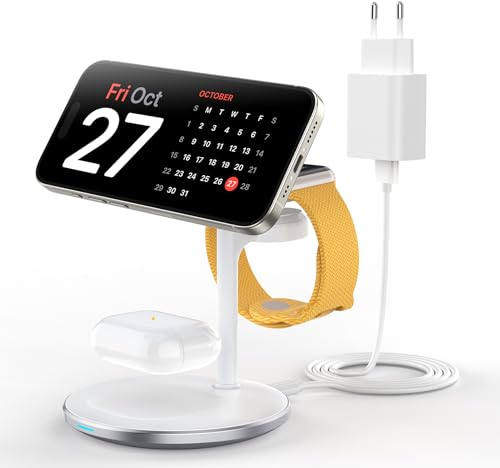 Estación de Carga inductiva 3 en 1 para Varios Dispositivos, estación de Carga rápida mag-Safe de 15 W para iPhone 15, 14 y 13, Cargador mag-Safe para iWatch Ultra2/1/Series 9/8, AirPods,Blanco