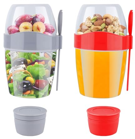 Yzpklhw 875ML Reusable Overnight Oats Container with Lid, 2 Pcs Yogurt Pots with Lids, On The Go Breakfast Cereal Yogurt Cups Containers with Fork Spoon for Salads Fruit Granola Cereal Milk Porridge