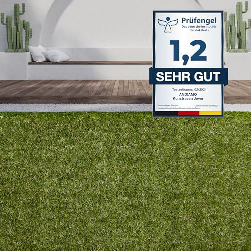 andiamo Kunstrasen Jever Outdoor Teppich wetterfest – Rasenteppich für Balkon & Terrasse, wasserdurchlässig mit Drainage-Noppen, robuster Balkon Bodenbelag in Grün – 133 x 800 cm