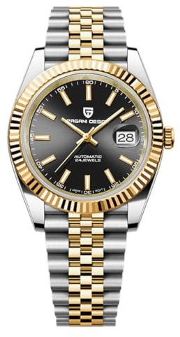 PAGRNE DESIGN Herrenuhr Automatikuhr Japanisches Automatikwerk Klassische Uhr Saphirglas 100 Meter Wasserdicht Leuchtend Business Herrenuhr（Goldschwarz）
