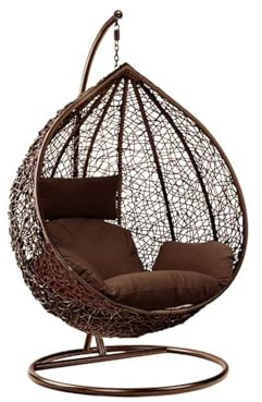 Rattan Swing Egg Chair | Holywarm Garden Swing Chair with Cushion | Indoor Outdoor Hanging Chair with Stand | Hammock Egg Chairs for Garden Bedroom Balcony (Brown Egg Chair + Brown Cushion)