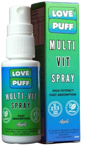 Vitamin D Spray for Energy and Immune Support | Fast-Absorbing 13 Essential Minerals, B, C, E, A and Vitamin D3 and K2 Spray | Adults Multivitamin VIT D Spray | Apple | 21ml | LOVE PUFF