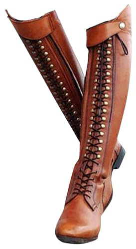 LNNLOO Bottes D'équitation Thermiques (34-43), Bottes D'équitation Hautes Jusqu'aux Genoux, À Lacets + Bout Pointu, Antidérapantes + Imperméables, Talon Bas (1-3 Cm), pour Unisexe/Hiver,41,Brown