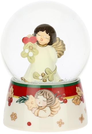THUN, Boule De Neige Angelo Con Vischio in Vetro e Ceramica di Alta Qualità, Versione Media, Collezione Natale, Arredamento da Collezione, Idea Regalo per Natale, Ø 7,9 cm, 11 cm h