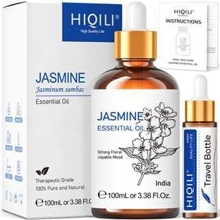 HIQILI 100ml Jasmin Öl, 100% Reines Natürliches Ätherische Öle für Diffuser, Kerzen, Haut, Haare, Inklusive Reiseflasche