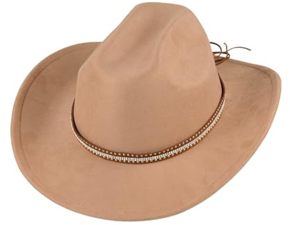Chapeau de cowboy en feutre à large bord en forme de larme pour homme et femme, chapeau Fedora de cowboy occidental d'extérieur avec clous argentés et bande en cuir (camel), camel, Taille unique