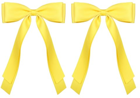 5.5in Yellow Hair Bow Clips Long Tail Silky Satin Polyester Ribbon Bowknot Barrettes Alligator Hairpins for Toddler Girls Women Summer Easter Back School Dress Decor Accessory Gift