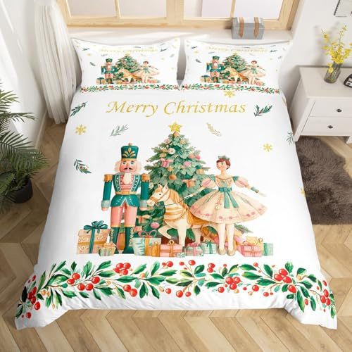 Homewish Christmas Nutcracker Duvet Cover Adults, Merry Christmas Tree Bed Linen 200 x 200 cm Nutcracker Winter Theme Bedding Set Happy New Year Bed Set Room Decor Soft
