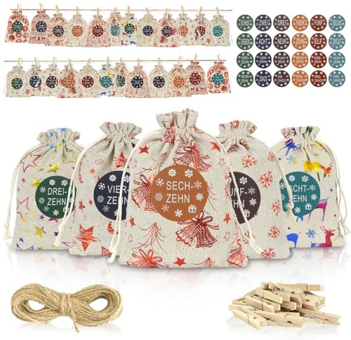 LUMIN TUTU Calendario dell'Avvento da riempire, 24 sacchetti di iuta Calendario dell'Avvento (13 x 18 cm) con adesivi numerici, calendario natalizio fai da te per bambini, calendario natalizio 2025