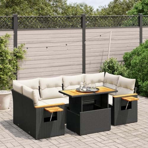 Qnhdfrt Set di 7 divani da giardino, in rattan sintetico, colore nero, con cuscino e tavolo pieghevole, per terrazza, balcone, giardino