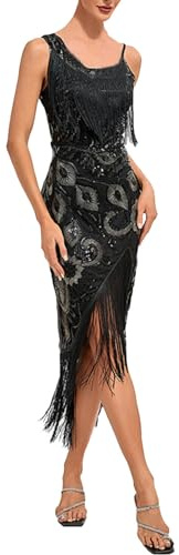 Celanisai, abito Charleston da donna, anni 20, con nappa, abito di Capodanno elegante con fessura, abito da sera, davanti corto dietro lungo, abito da festa, abito da donna a spallina, abiti festivi