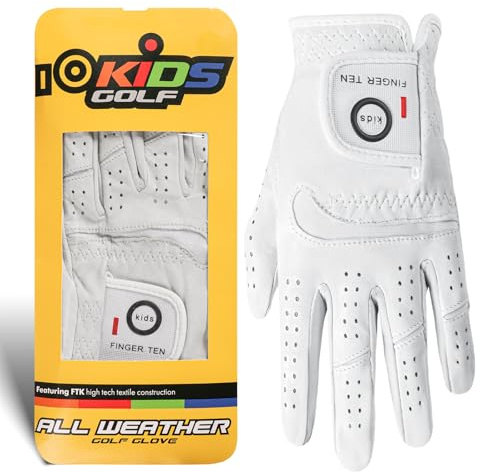 FINGER TEN Kids Golf Gloves Cabretta Leather Right or Left Hand 1 Pack，All-Weather Breathable & Comforable Golf Gloves with Elastic Wrist for Youth Junior Boys and Girls (White, L, Left)